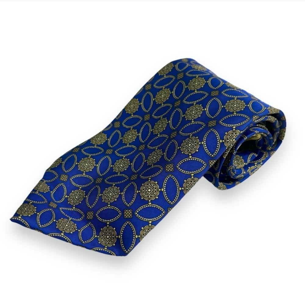 VALENTINO 100% Silk Cravatte Blue & Gold Medallion Print